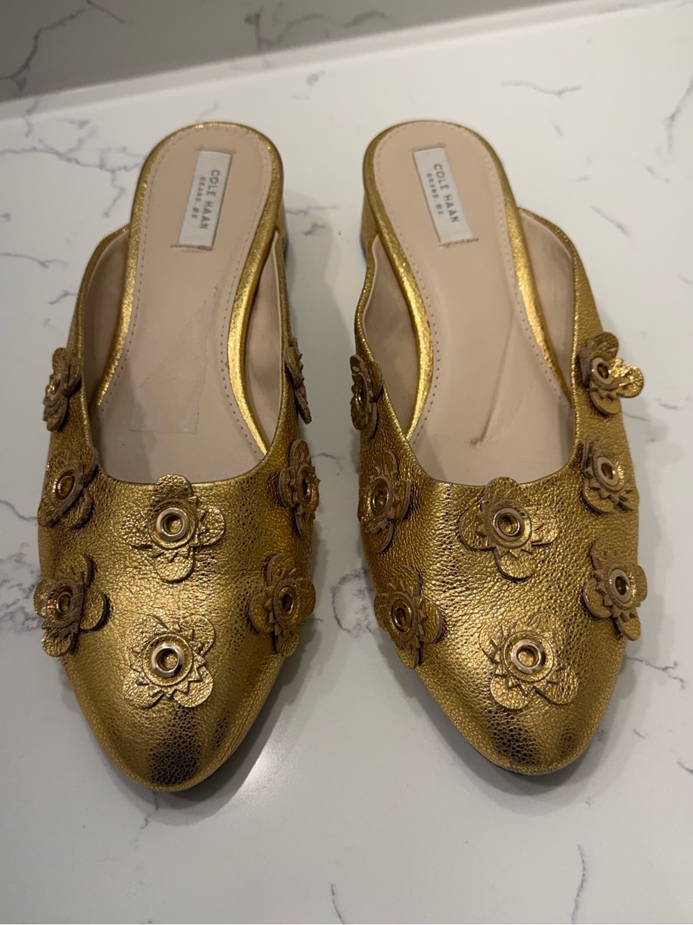 Cole Haan Metallic Gold Floral Leather Slip-On Mules